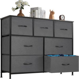 DUMOS TV Stand Dresser for Living Room Bedroom with 7 Fabric Drawer, Entertainment Center Chest Storage Organizer Units for Clothing, Closet, Cabinet, Living Room Furniture, Classic Gray