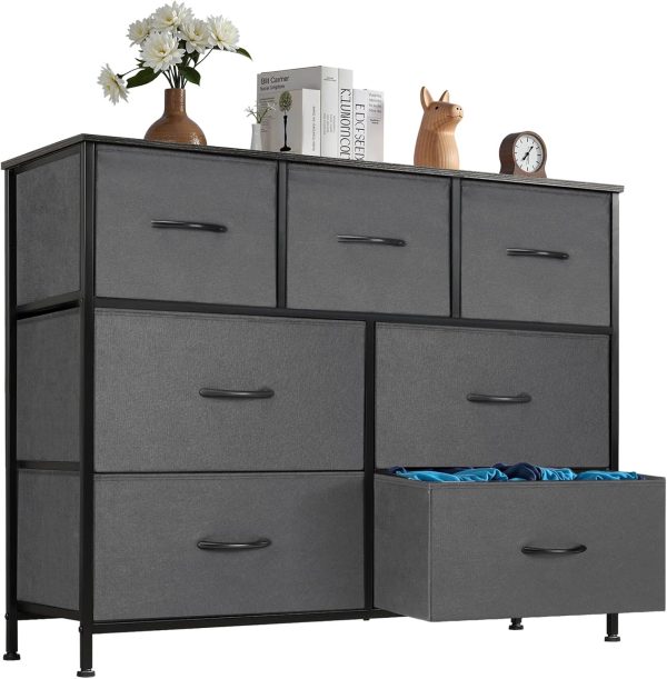 DUMOS TV Stand Dresser for Living Room Bedroom with 7 Fabric Drawer, Entertainment Center Chest Storage Organizer Units for Clothing, Closet, Cabinet, Living Room Furniture, Classic Gray