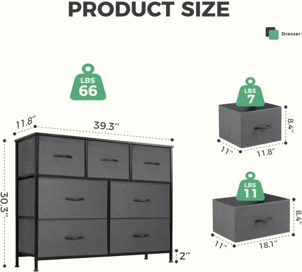 DUMOS TV Stand Dresser for Living Room Bedroom with 7 Fabric Drawer, Entertainment Center Chest Storage Organizer Units for Clothing, Closet, Cabinet, Living Room Furniture, Classic Gray - Image 3
